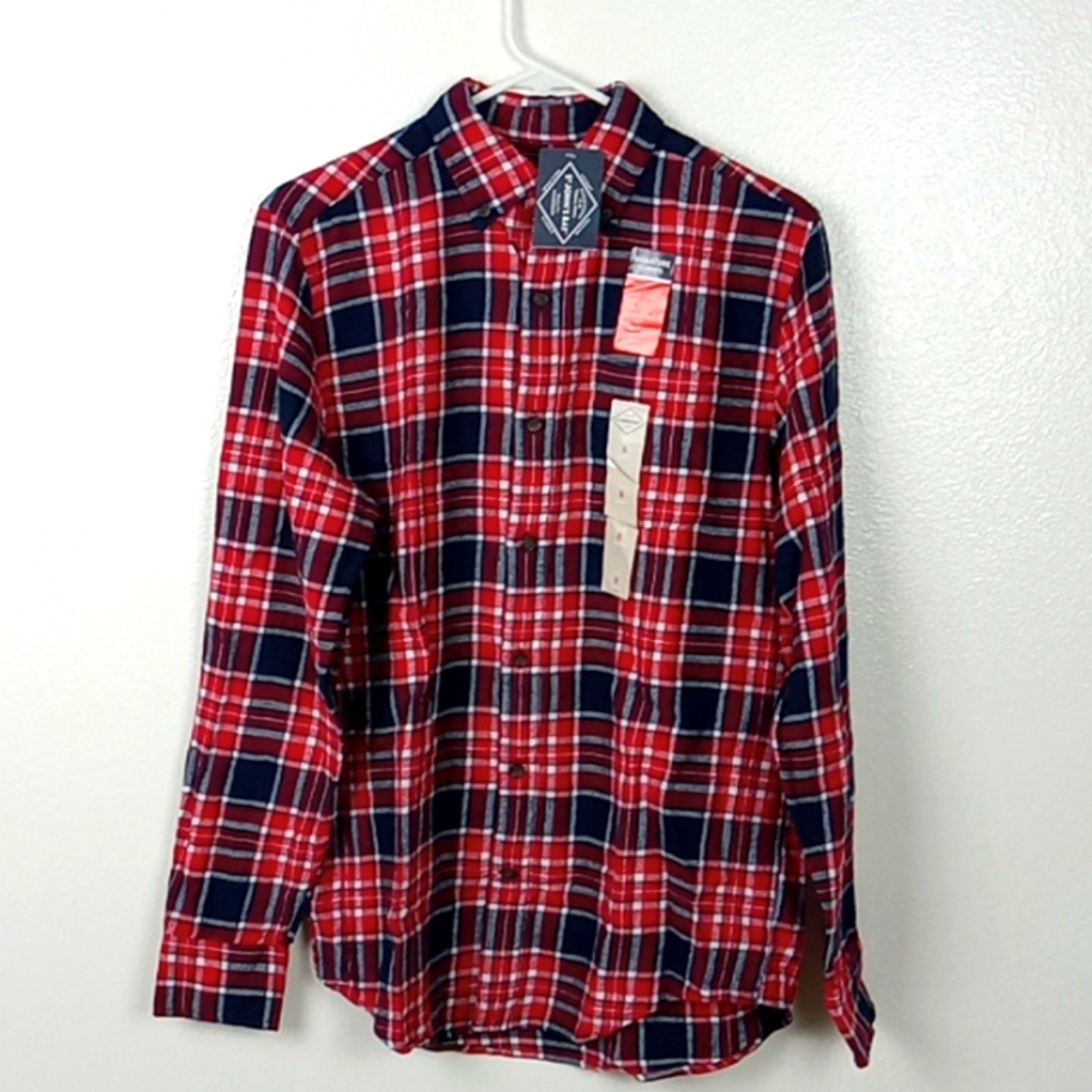 St Johns Bay Shirt Men's Small Navy Red Plaid Flannel Classic Soft Button Down